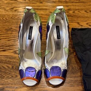 Dolce & Gabbana White Leather Peep-Toe Pumps with Purple, Green & Orange Accents